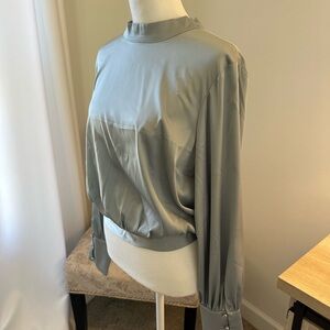 Express Mock Neck Open Back Tie Women's Puritan Blue/ Gray Satin Blouse